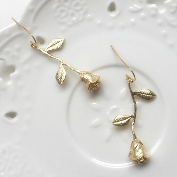 NEW 18K Gold Plated Brass Rose Stem Earrings - Picture 4 of 4